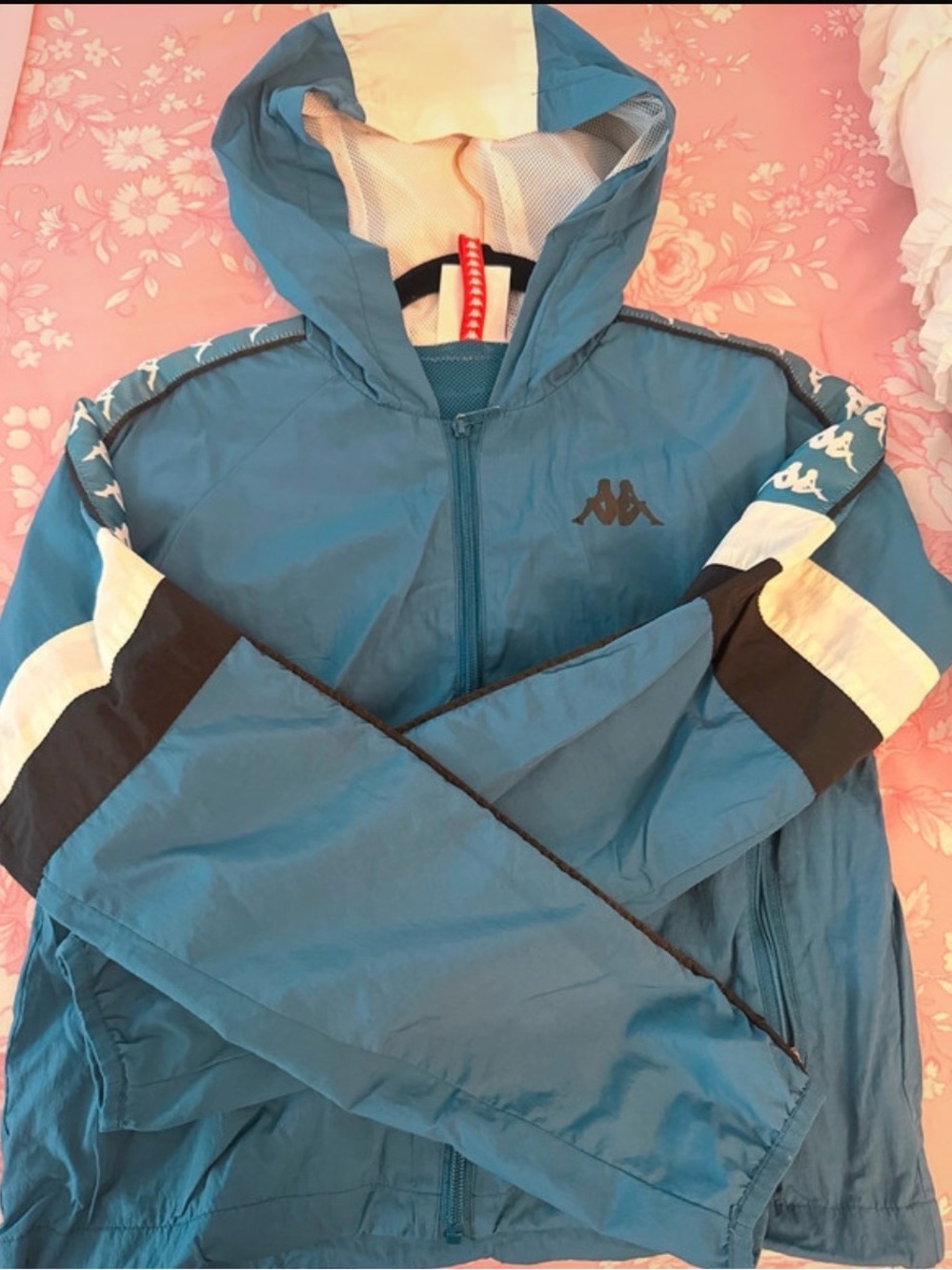 Kappa Teal Logo Tape Hooded Windbreaker Jacket Size Small